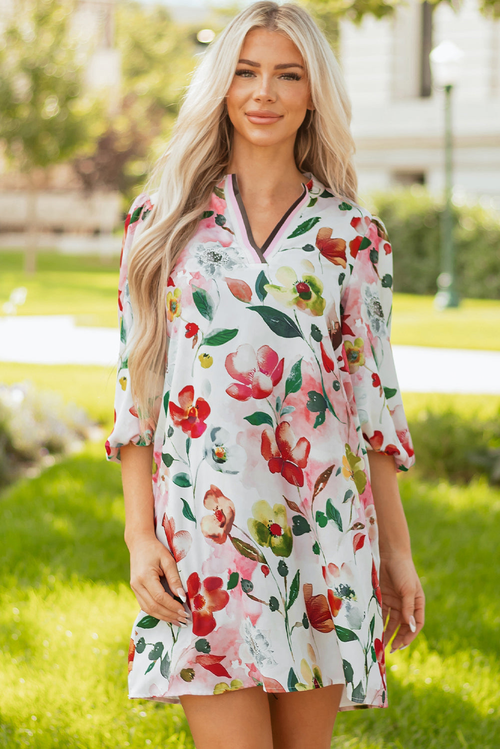 Red Floral Contrast Striped V Neck Puff Half Sleeve Shift Dress-TOPS / DRESSES-[Adult]-[Female]-2022 Online Blue Zone Planet