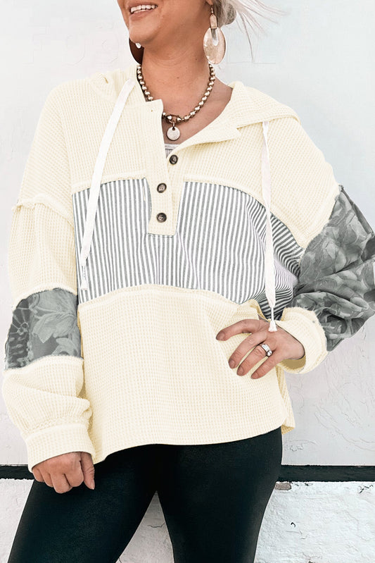 White Waffle Printed Patchwork Drawstring Hooded Long Sleeve Top-Tops/Long Sleeve Tops-[Adult]-[Female]-White-S-2022 Online Blue Zone Planet