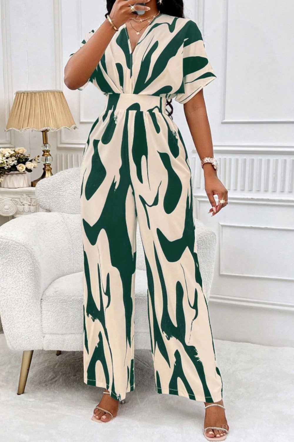 Printed V-Neck Short Sleeve Wide Leg Jumpsuit-TOPS / DRESSES-[Adult]-[Female]-2022 Online Blue Zone Planet