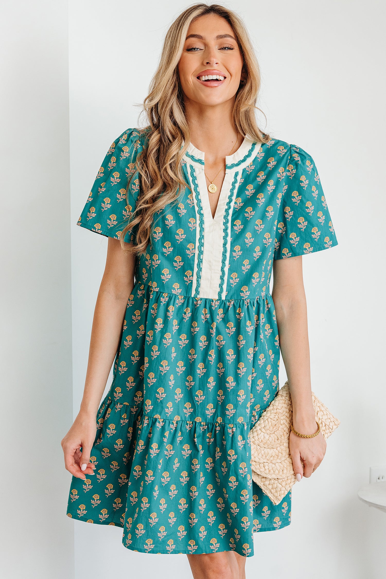 Green Contrast Trim V Neck Short Sleeve Floral Dress-TOPS / DRESSES-[Adult]-[Female]-2022 Online Blue Zone Planet