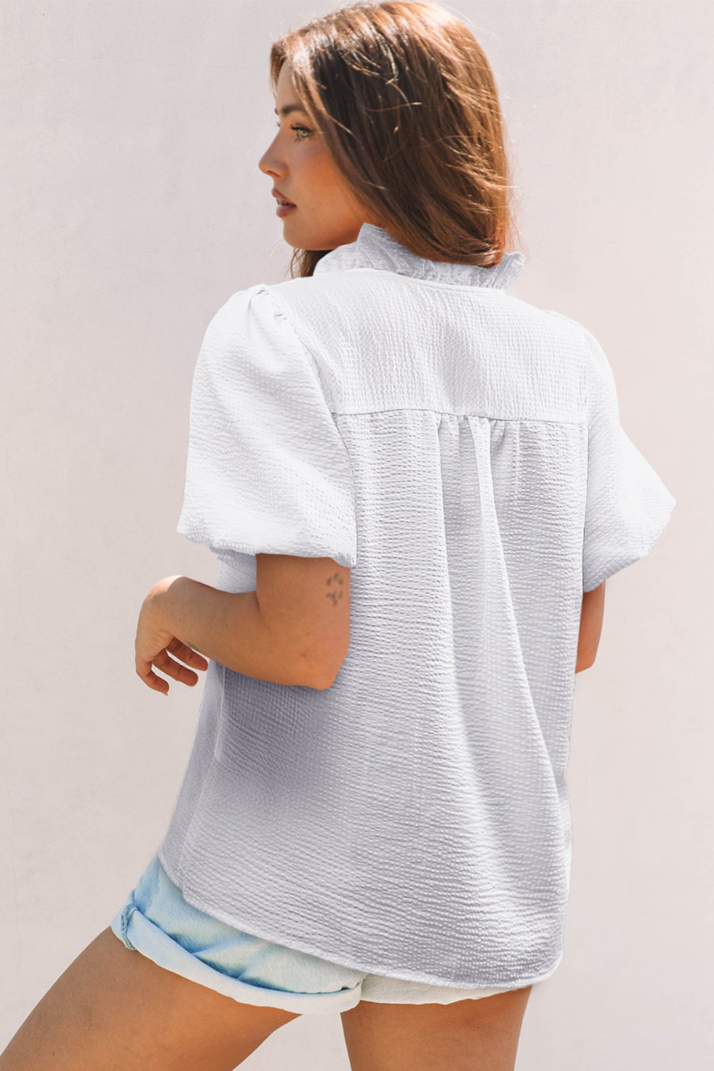 White Striped Ruffle Short Bubble Sleeve Shirt-Tops/Blouses & Shirts-[Adult]-[Female]-2022 Online Blue Zone Planet