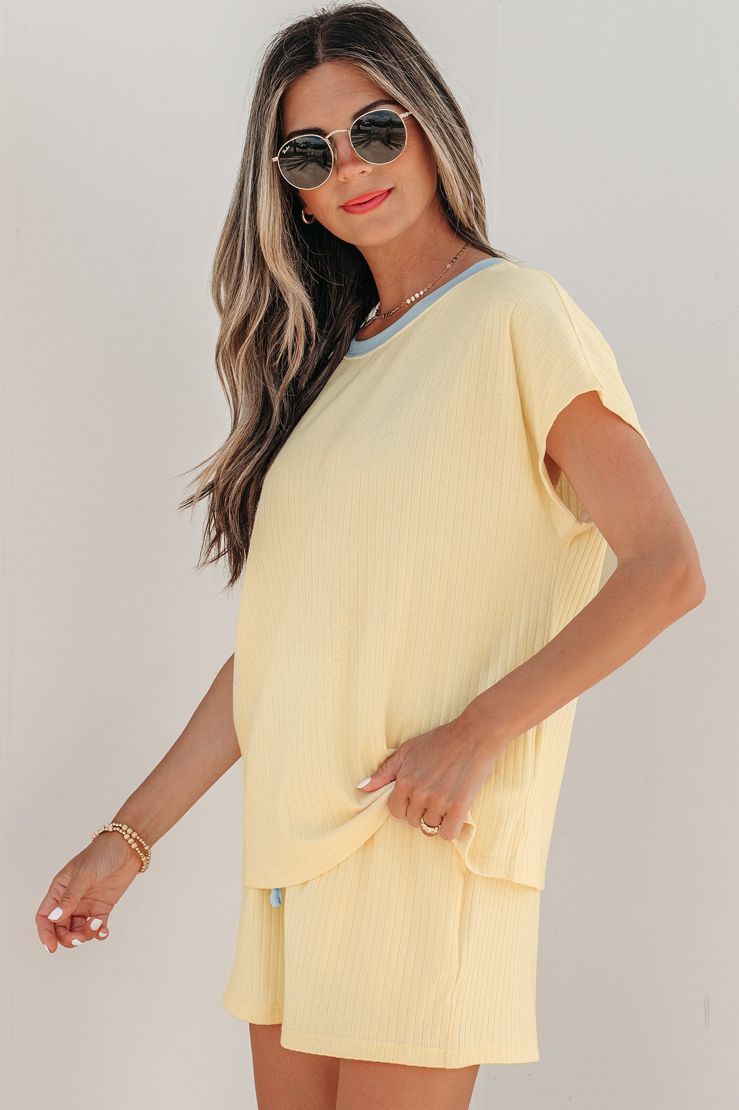 Mist Blue Soft Ribbed Color Block Trim Casual Short Set-Two Piece Sets/Short Sets-[Adult]-[Female]-2022 Online Blue Zone Planet