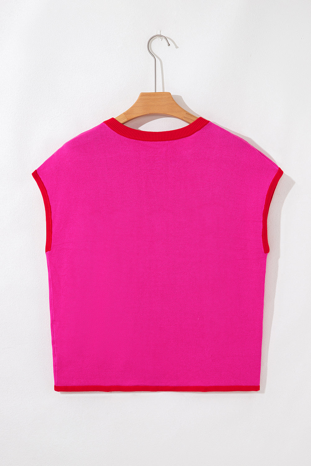 Rose Red Contrast Trim Round Neck Short Sleeve Loose Knit Sweater-TOPS / DRESSES-[Adult]-[Female]-2022 Online Blue Zone Planet