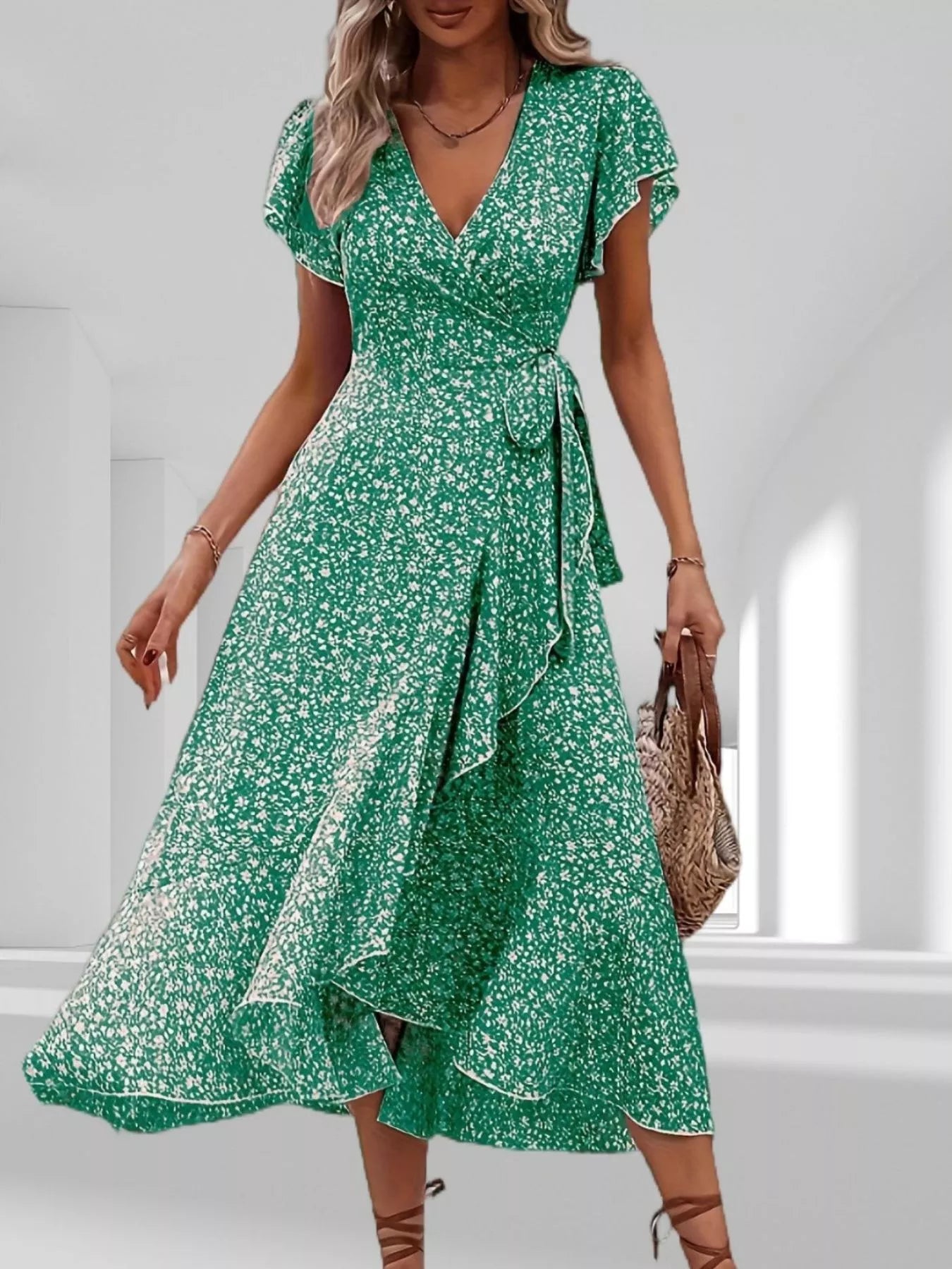 floral print ruffle hem midi dress Salmon Floral Print Ruffle Hem Midi Dress