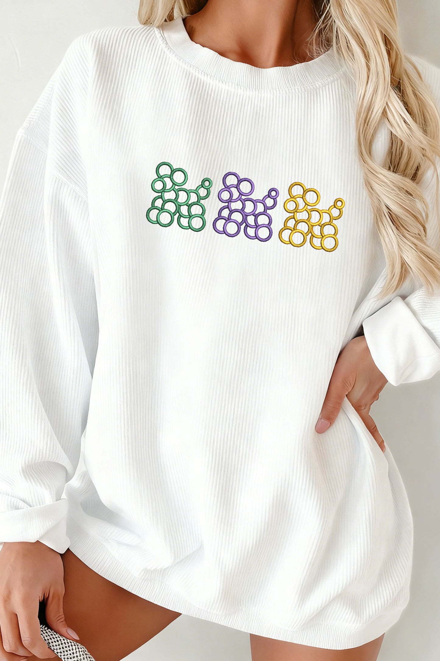White Mardi Gras Cute Balloon Dogs Embroidered Corded Ribbed Sweatshirt-Graphic Sweatshirts-[Adult]-[Female]-White-2XL-2022 Online Blue Zone Planet