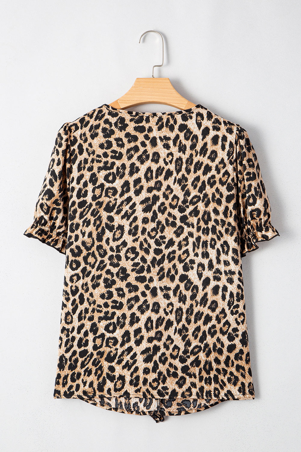 Khaki Leopard Ruffled Neck Cascading Puff Short Sleeve Top-Tops/Blouses & Shirts-[Adult]-[Female]-2022 Online Blue Zone Planet