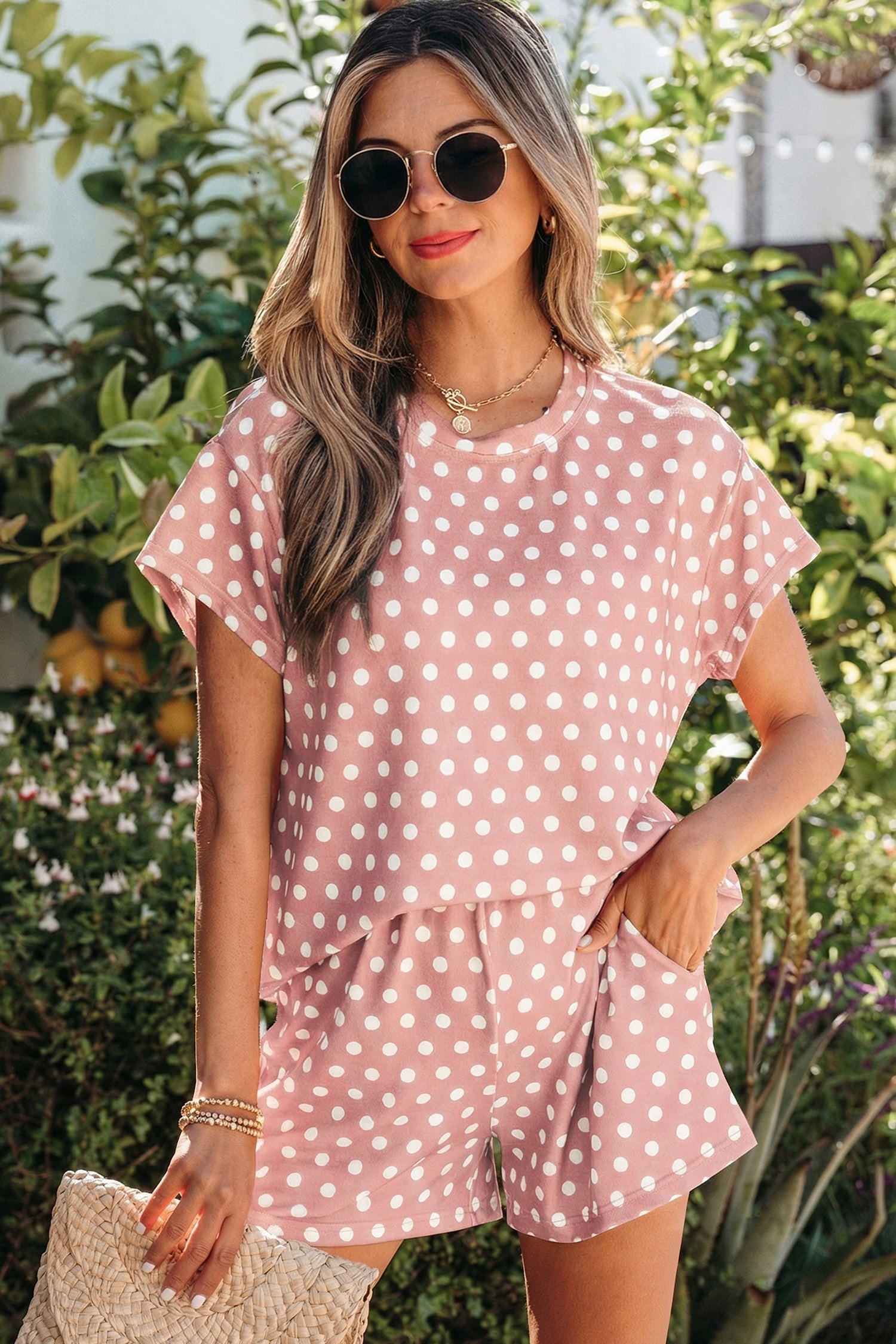 Pink Polka Dot Print Short Set-Two Piece Sets/Short Sets-[Adult]-[Female]-Pink-S-2022 Online Blue Zone Planet