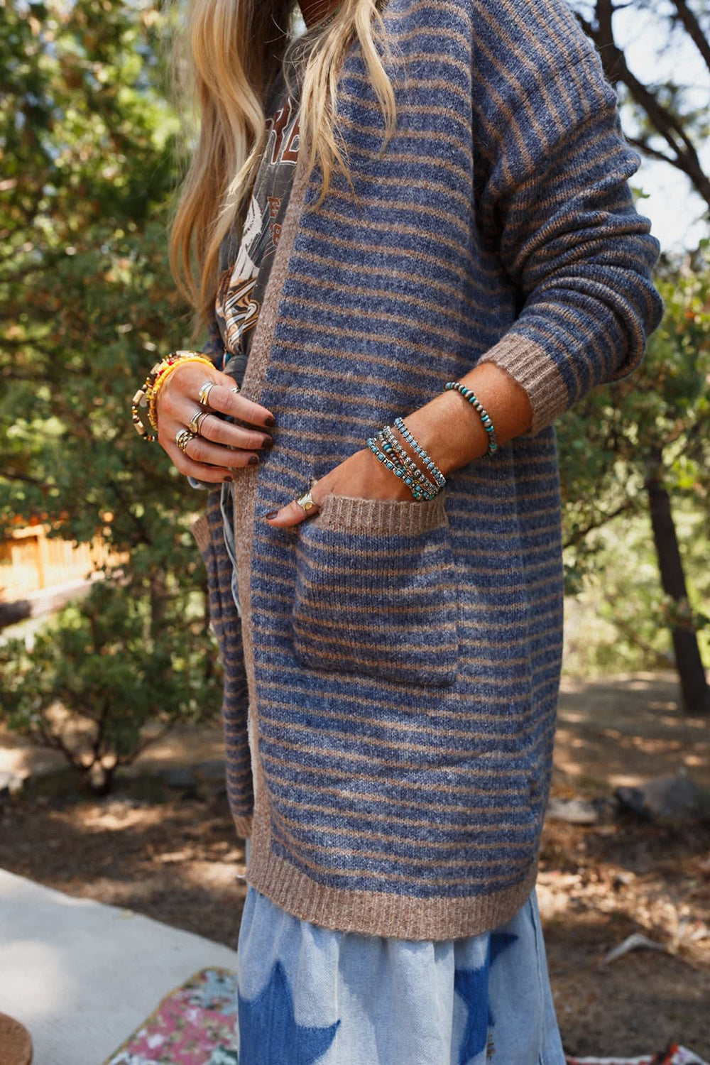 Open Front Long Sleeve Striped Cardigan-TOPS / DRESSES-[Adult]-[Female]-2022 Online Blue Zone Planet