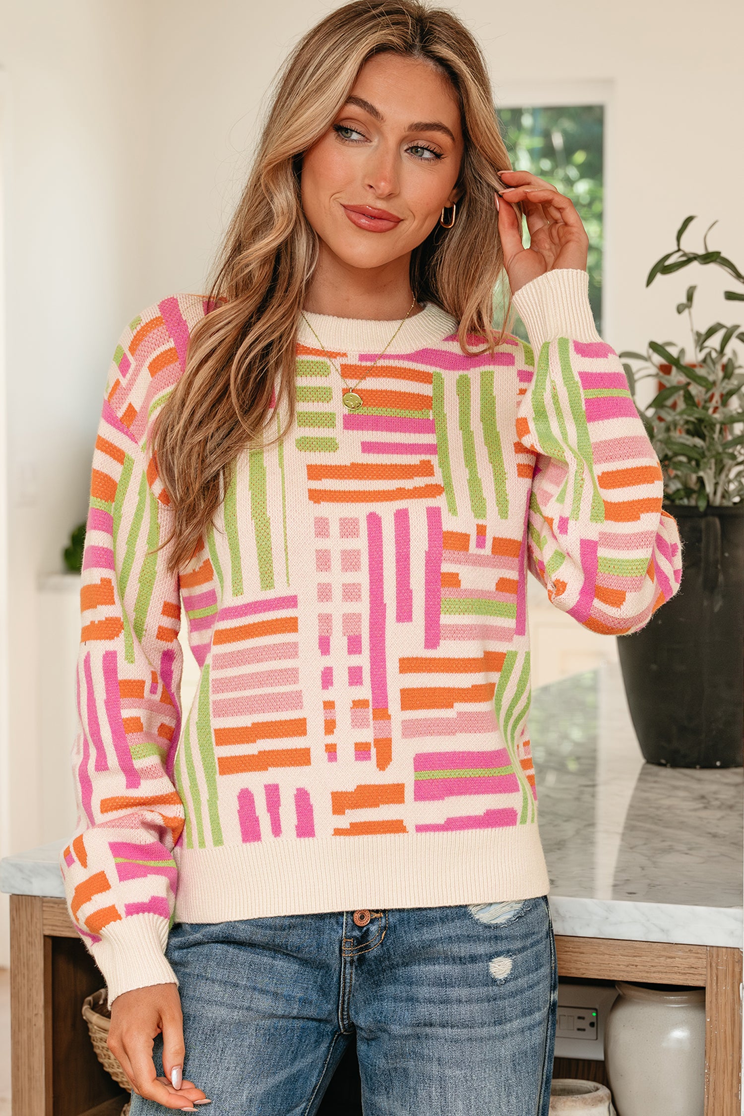 Rose Love Lines Pattern Crew Neck Puff Sleeve Sweater-TOPS / DRESSES-[Adult]-[Female]-2022 Online Blue Zone Planet