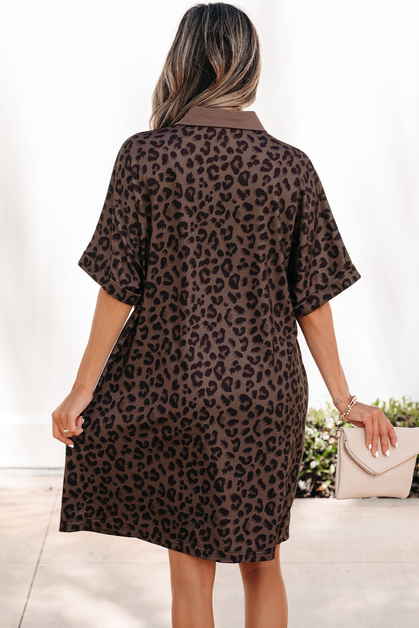 Brown Leopard Print Contrast Collar V-Neck Mini Dress-Dresses/Mini Dresses-[Adult]-[Female]-2022 Online Blue Zone Planet