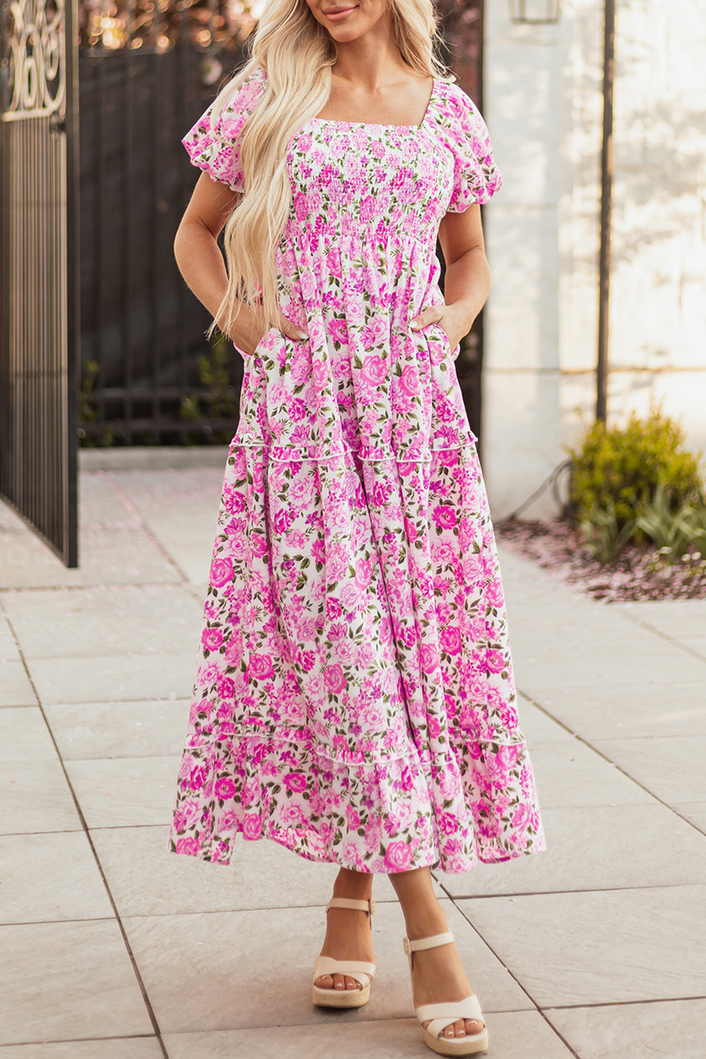 Pink Dainty Floral Smocked Puff Sleeve Flowy Long Dress-TOPS / DRESSES-[Adult]-[Female]-2022 Online Blue Zone Planet
