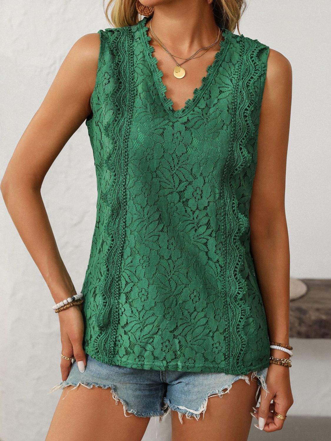 Mandy Lace V-Neck Tank-TOPS / DRESSES-[Adult]-[Female]-Dark Green-S-2022 Online Blue Zone Planet