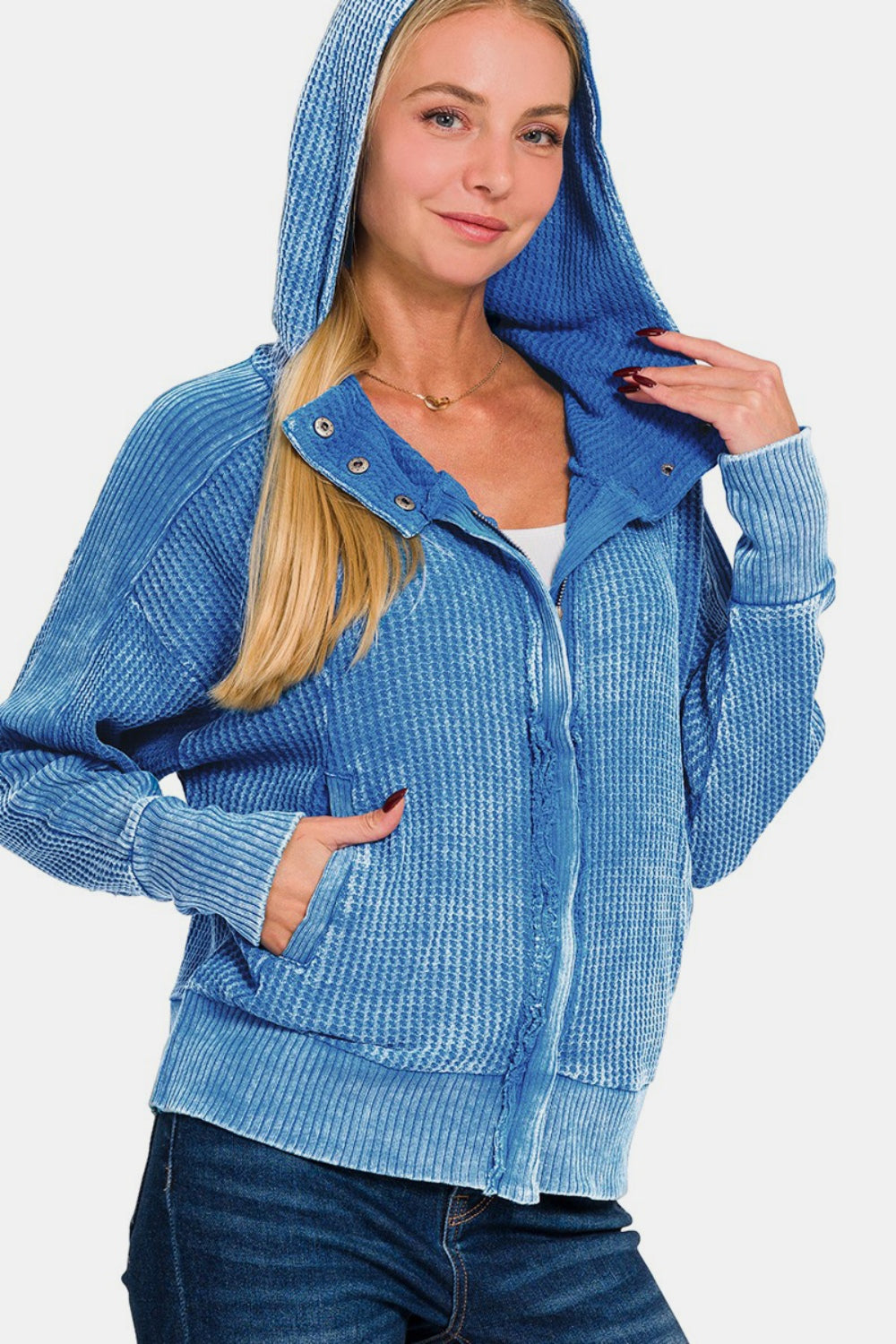 Zenana Washed Zip Up Hooded Jacket-TOPS / DRESSES-[Adult]-[Female]-Ocean Blue-S-2022 Online Blue Zone Planet