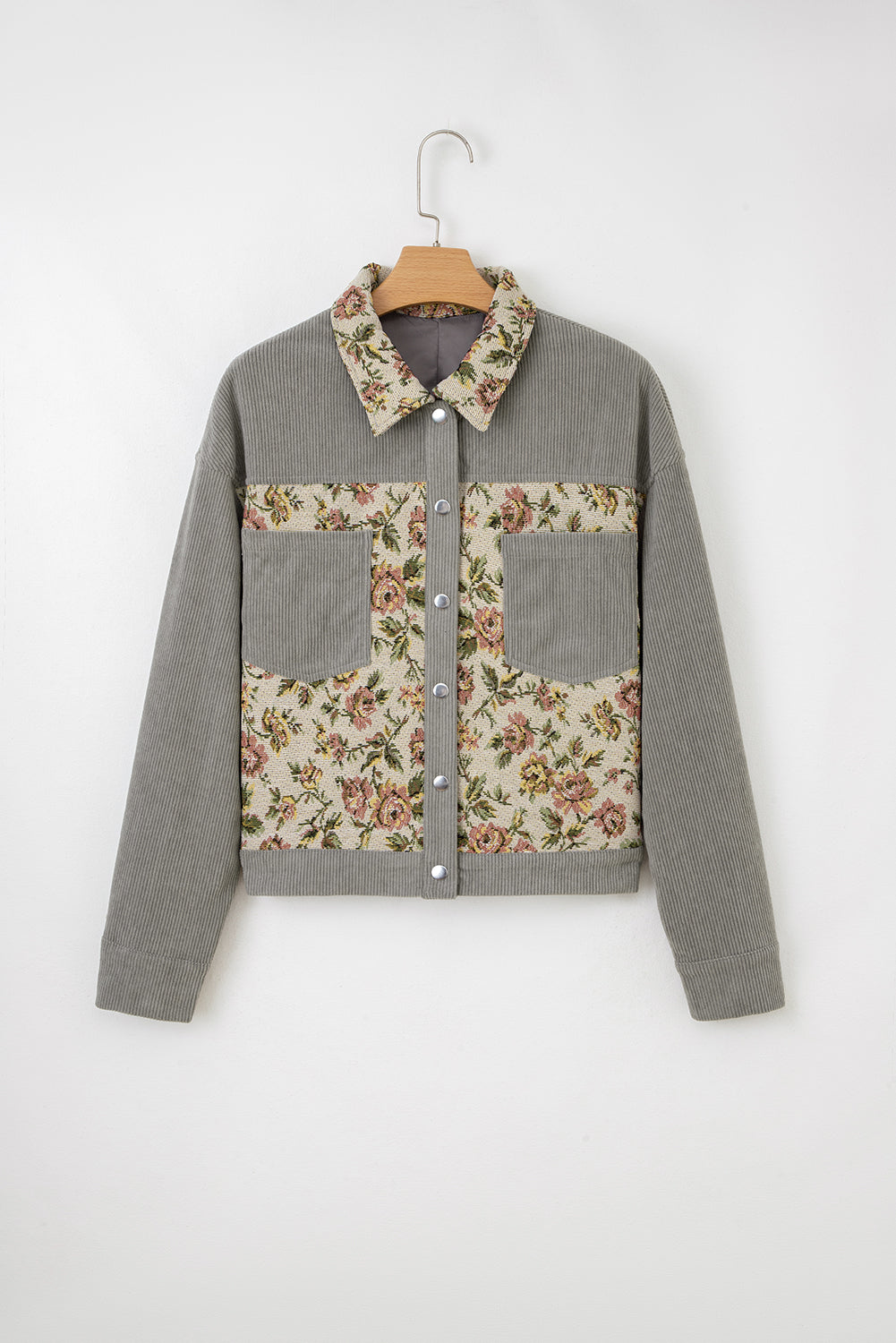 Medium Grey Ribbed Retro Floral Patchwork Shirt Style Jacket-Outerwear/Jackets-[Adult]-[Female]-2022 Online Blue Zone Planet