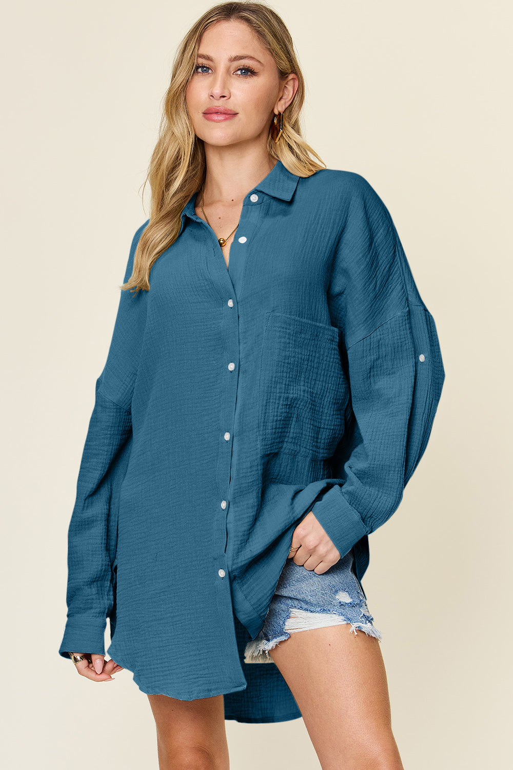 Double Take Full Size Pocketed Texture Button Up Shirt-TOPS / DRESSES-[Adult]-[Female]-2022 Online Blue Zone Planet