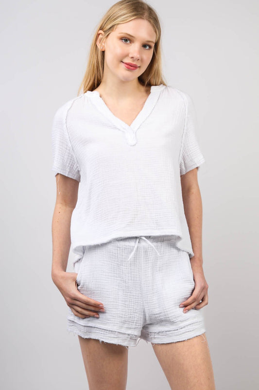 VERY J Washed Cotton Crinkle Gauze Top and Shorts Set-TOPS / DRESSES-[Adult]-[Female]-White-S-2022 Online Blue Zone Planet