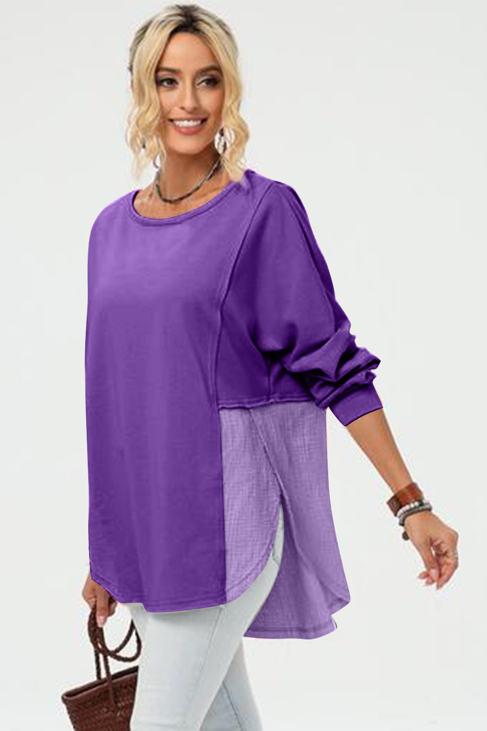 Double Take Full Size Long Sleeve High-Low T-Shirt-TOPS / DRESSES-[Adult]-[Female]-Purple-S-2022 Online Blue Zone Planet