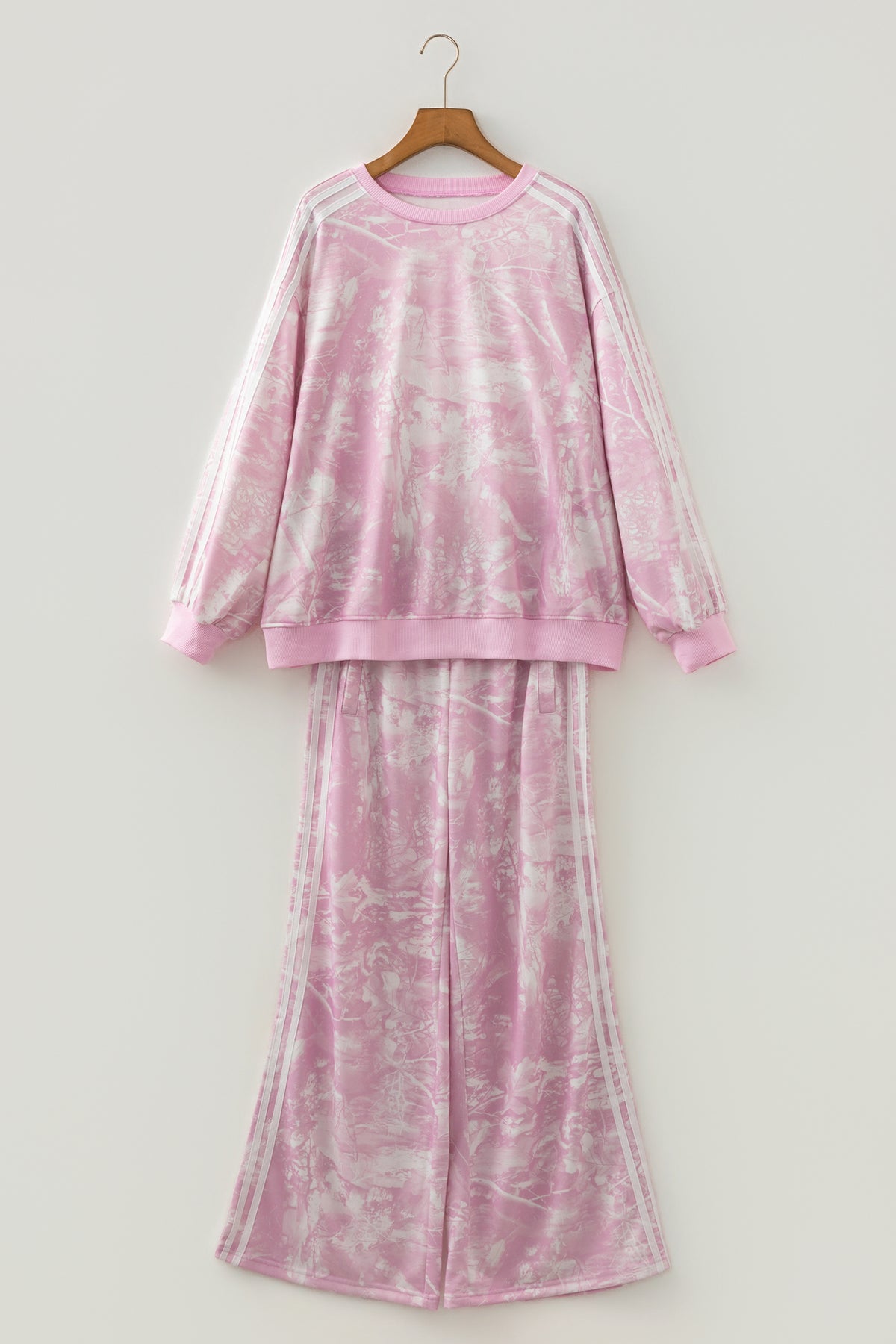 Pink Abstract Print Side Stripe Detail Long Sleeve Top Loose Pants Set