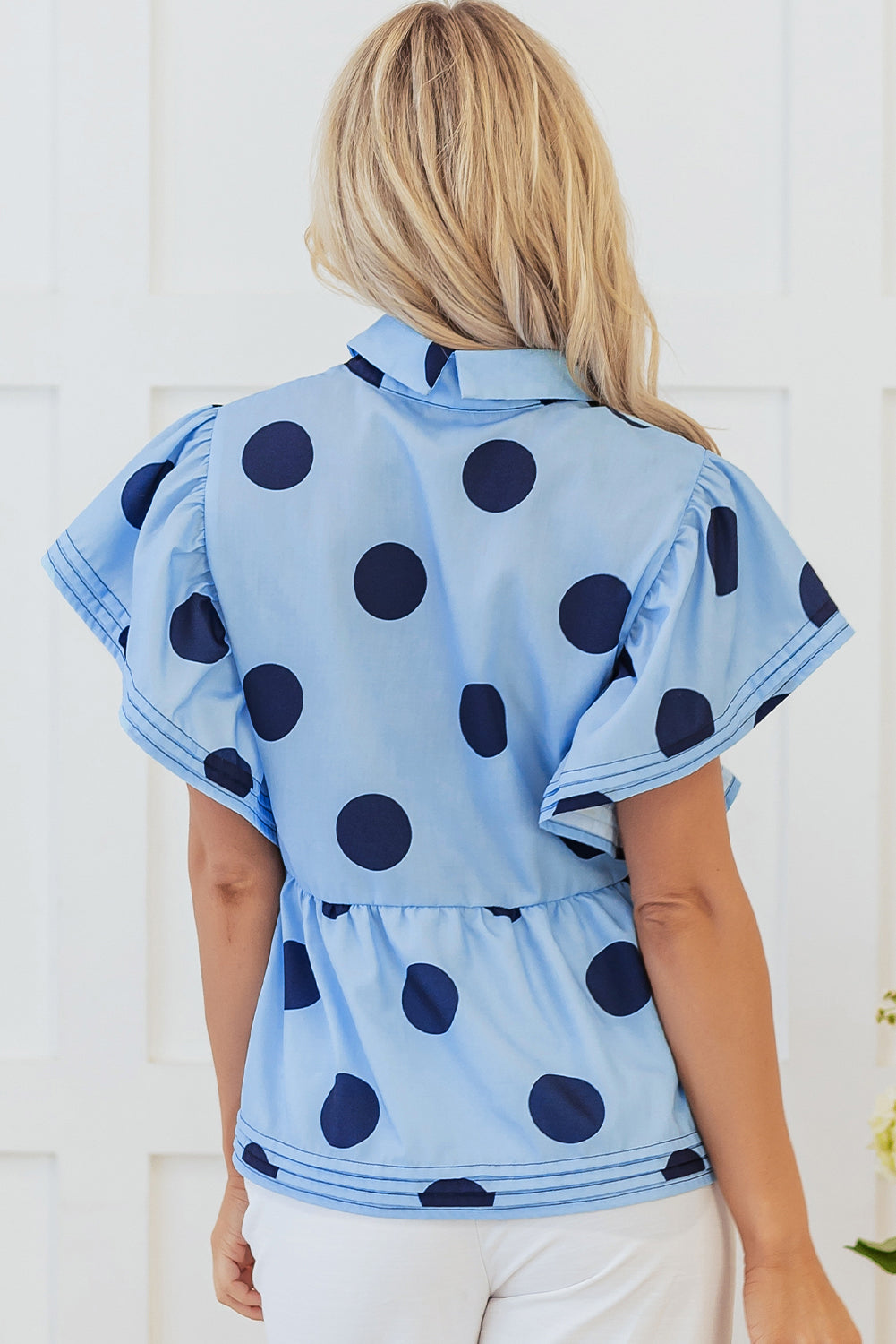 Sky Blue Polka Dot Print Ruffled Short Sleeve Buttoned Collared Blouse-Tops/Blouses & Shirts-[Adult]-[Female]-2022 Online Blue Zone Planet