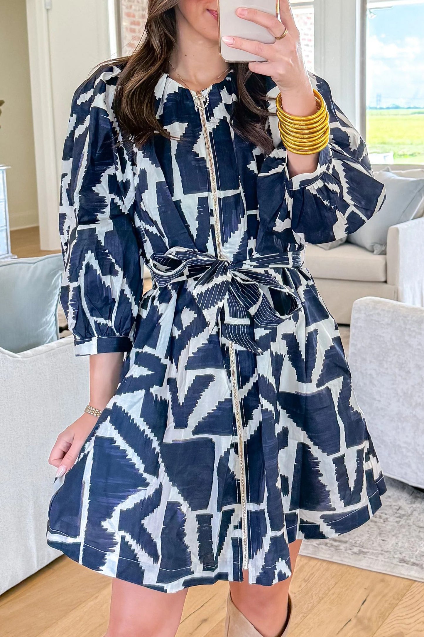 Blue Abstract Geometric Print Zip Front Tie Waist Shift Dress-TOPS / DRESSES-[Adult]-[Female]-2022 Online Blue Zone Planet