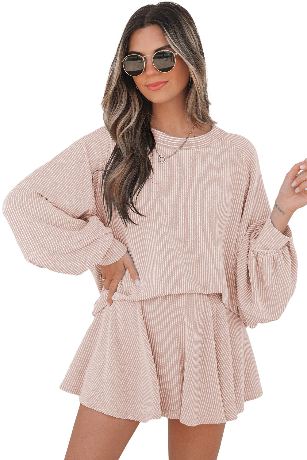 Blue Zone Planet | Jet Stream Corded Lantern Sleeve Top High Waist Ruffled Mini Skirt Set-Two Piece Sets/Two Piece Dresses-[Adult]-[Female]-2022 Online Blue Zone Planet