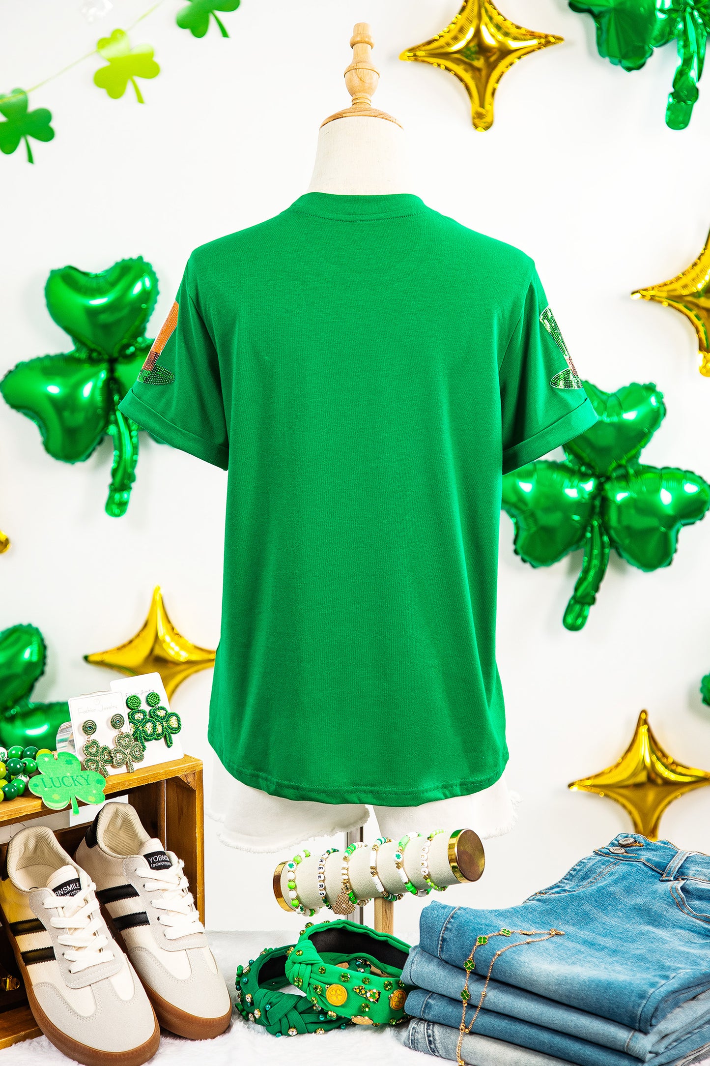 Bright Green Sequin St Patricks Day Hat Relaxed T Shirt-Graphic/Graphic Tees-[Adult]-[Female]-2022 Online Blue Zone Planet