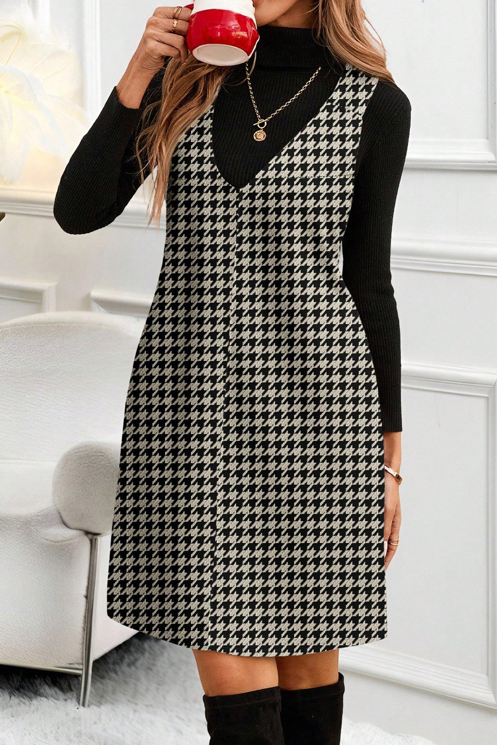 Khaki Houndstooth Print V Neck Sleeveless Mini Dress-TOPS / DRESSES-[Adult]-[Female]-Khaki-S-2022 Online Blue Zone Planet