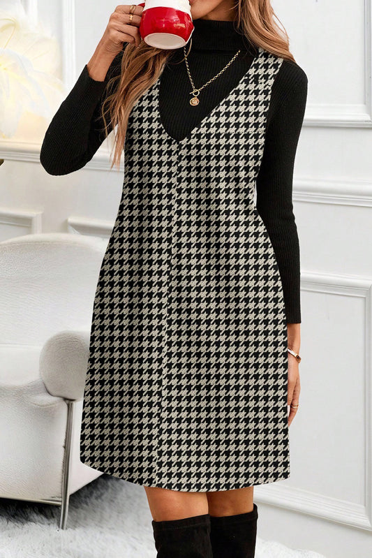 Khaki Houndstooth Print V Neck Sleeveless Mini Dress-TOPS / DRESSES-[Adult]-[Female]-Khaki-S-2022 Online Blue Zone Planet