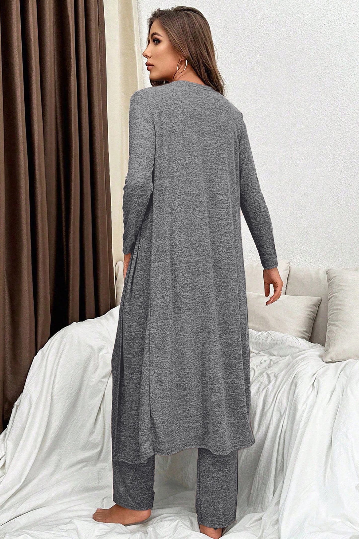 Dark Grey 3pcs V Neck T Shirt Ribbon Knot Pants Open Duster 3pcs Lounge Set-Loungewear & Sleepwear/Loungewear-[Adult]-[Female]-2022 Online Blue Zone Planet