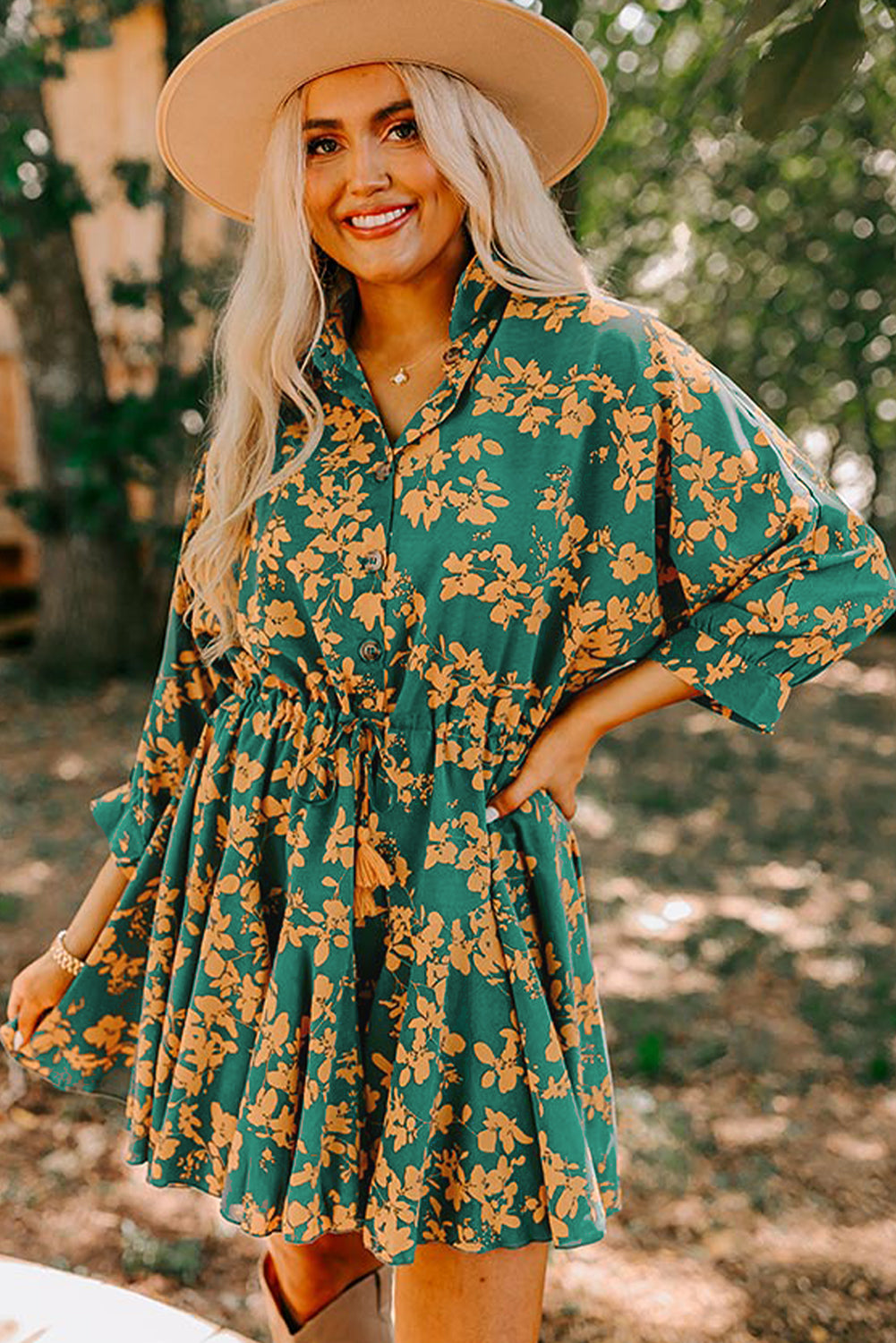 Green Floral Print Drawstring Tunic Flowy Short Dress-Dresses/Mini Dresses-[Adult]-[Female]-2022 Online Blue Zone Planet