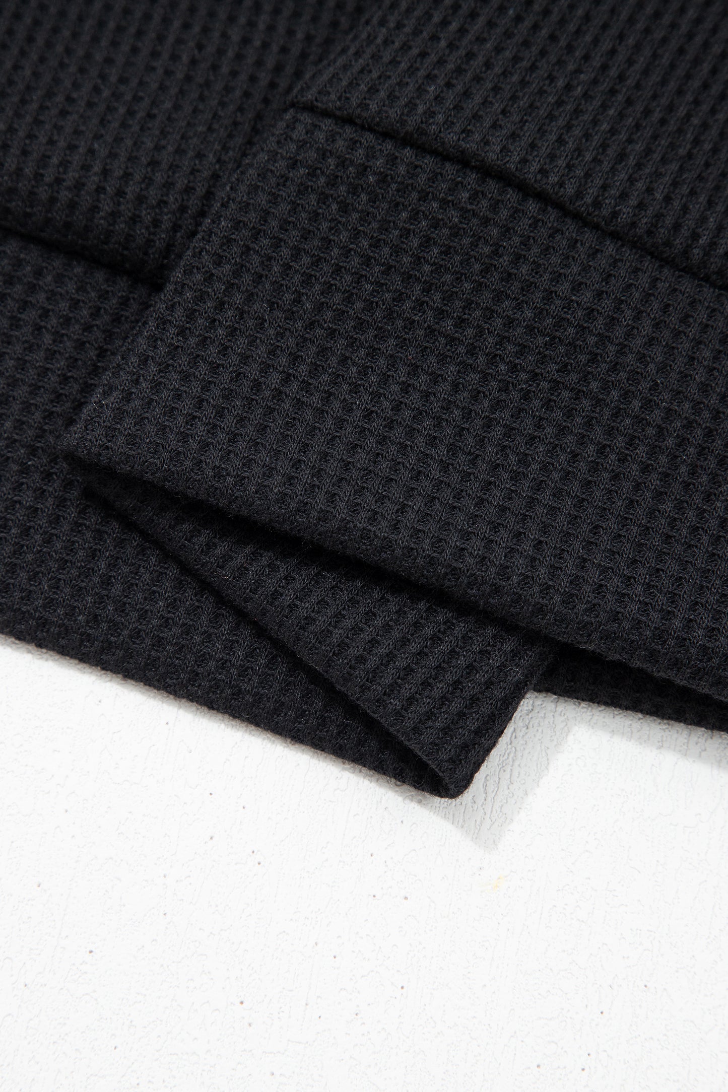 Black Waffle Knit Denim Contrast Trim Patchwork Button Polo Collar Top-Tops/Tops & Tees-[Adult]-[Female]-2022 Online Blue Zone Planet