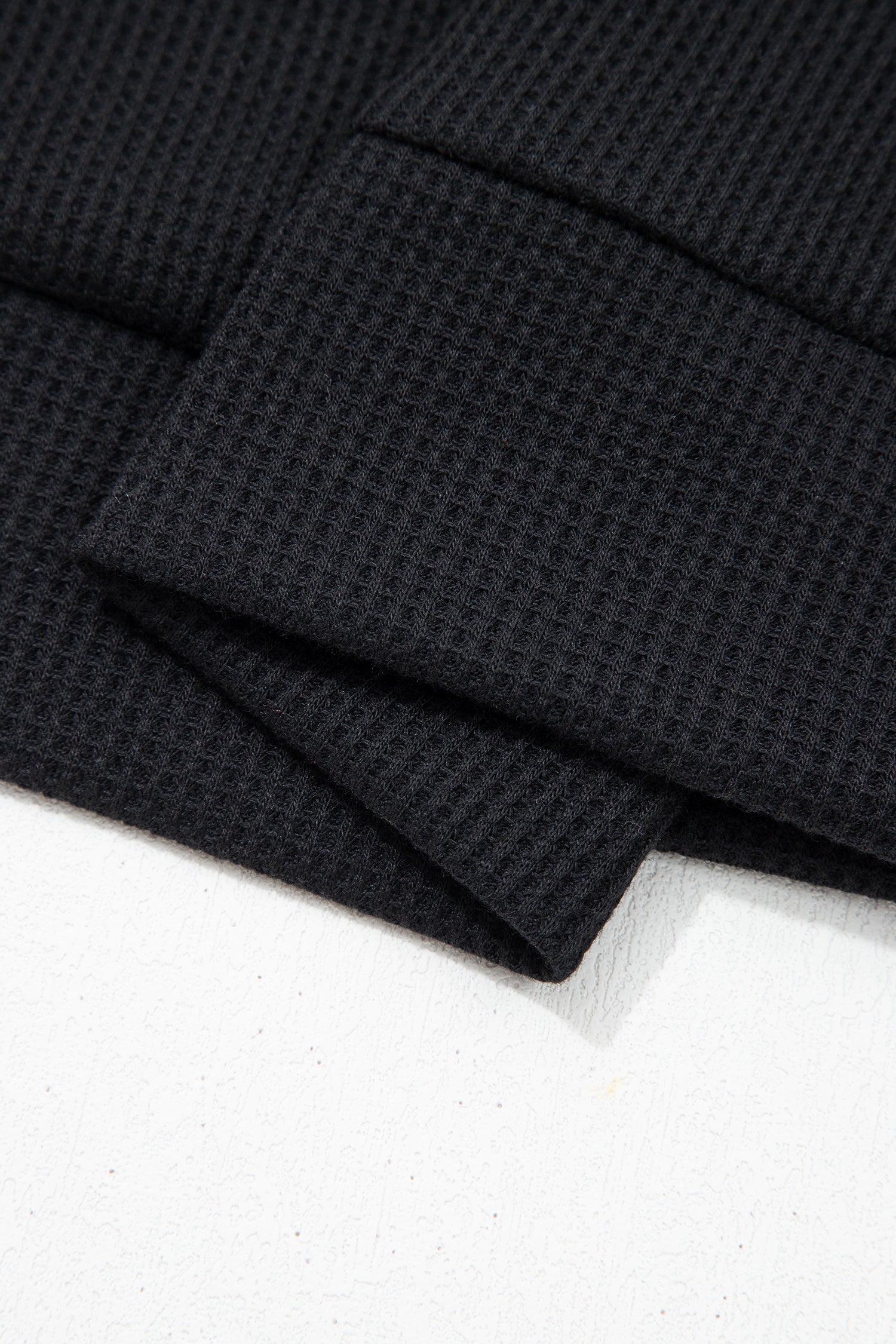 Black Waffle Knit Denim Contrast Trim Patchwork Button Polo Collar Top-Tops/Tops & Tees-[Adult]-[Female]-2022 Online Blue Zone Planet