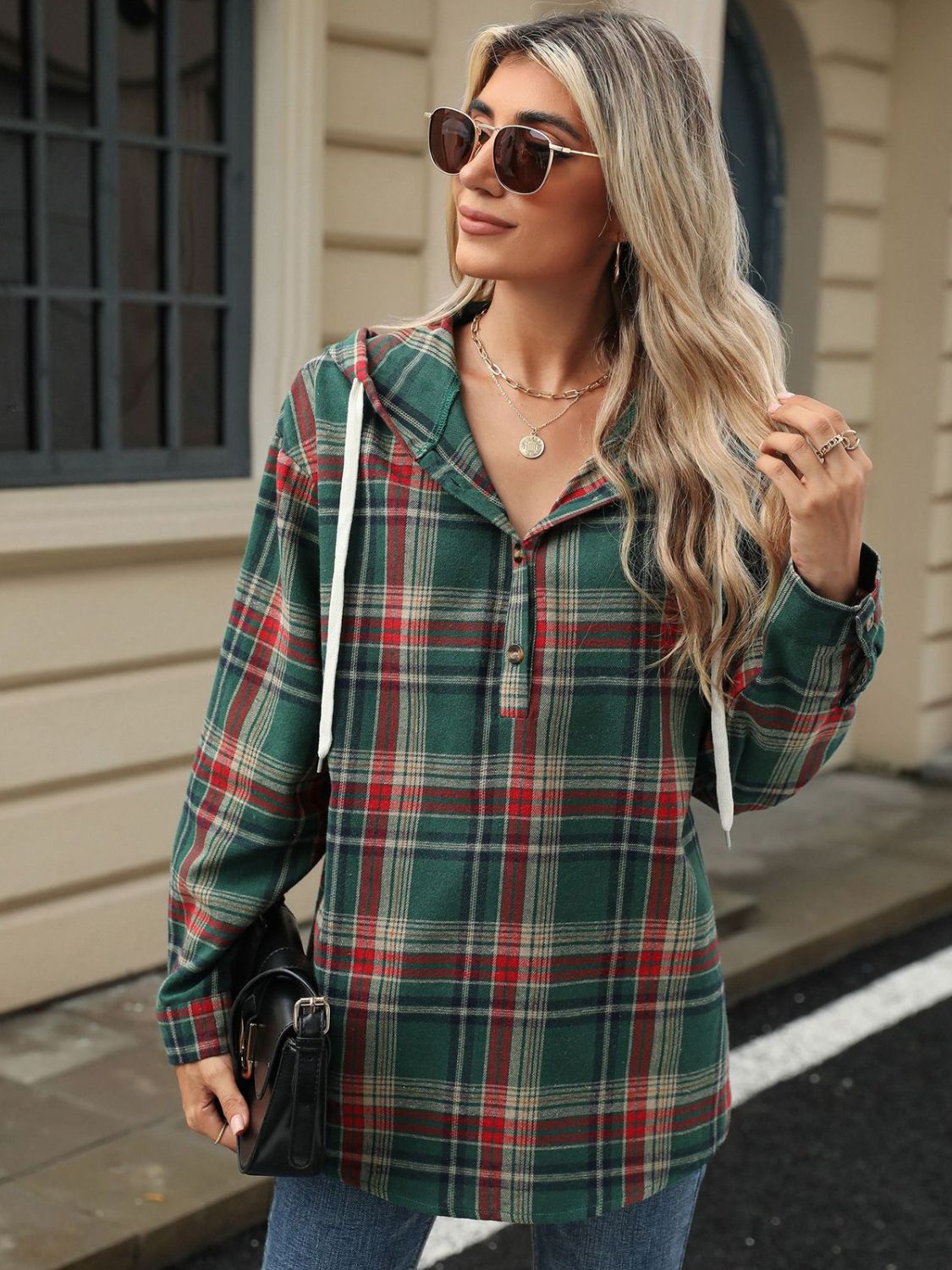 Blue Zone Planet | Drawstring Plaid Hooded Long Sleeve Top-TOPS / DRESSES-[Adult]-[Female]-2022 Online Blue Zone Planet