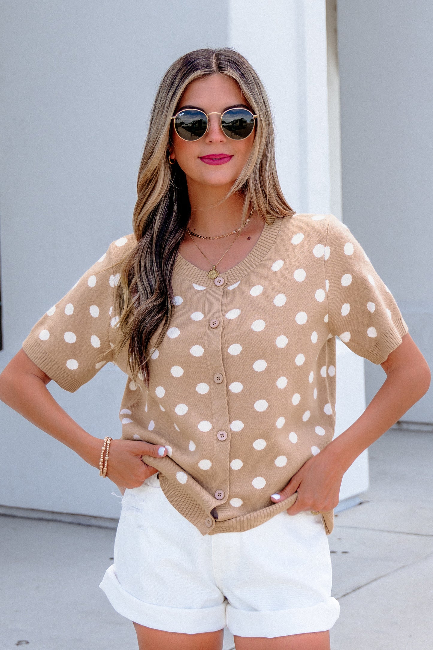 Dark Khaki Polka Dot Short Sleeve Button Down Sweater Cardigan-Sweaters & Cardigans/Cardigans-[Adult]-[Female]-2022 Online Blue Zone Planet