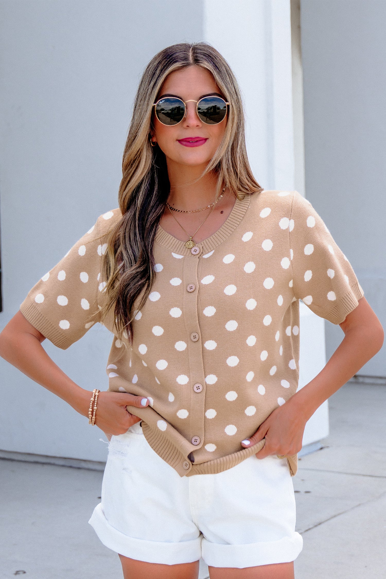 Dark Khaki Polka Dot Short Sleeve Button Down Sweater Cardigan-Sweaters & Cardigans/Cardigans-[Adult]-[Female]-2022 Online Blue Zone Planet