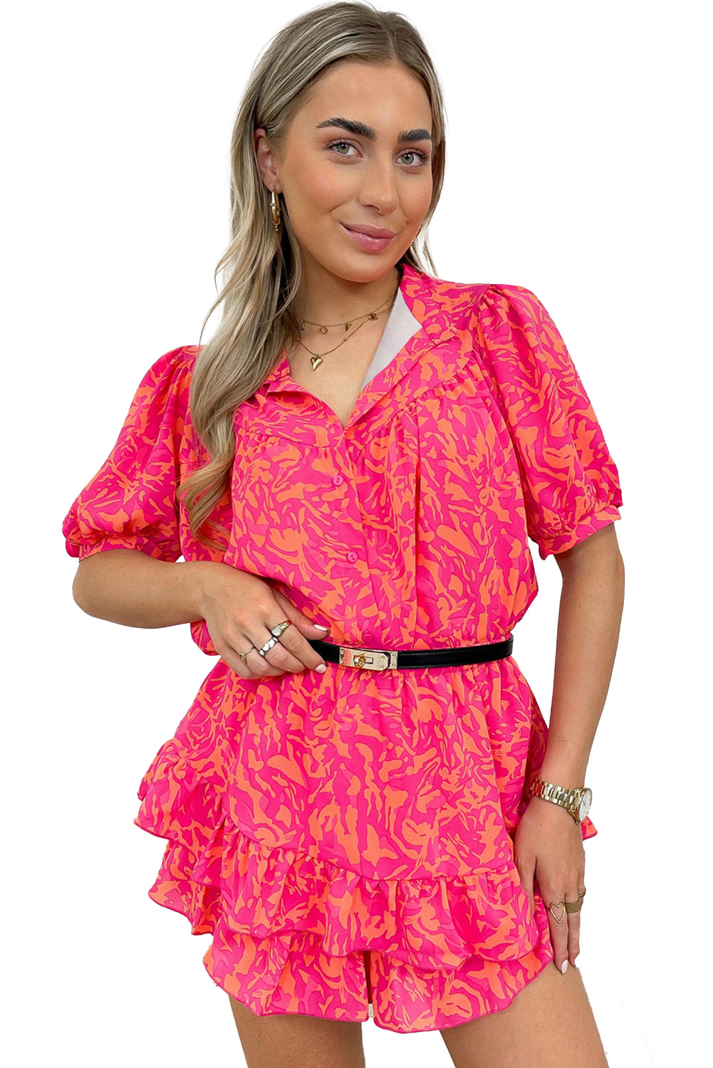 Rose Abstract Print Puff Short Sleeve Ruffled Mini Dress-TOPS / DRESSES-[Adult]-[Female]-2022 Online Blue Zone Planet