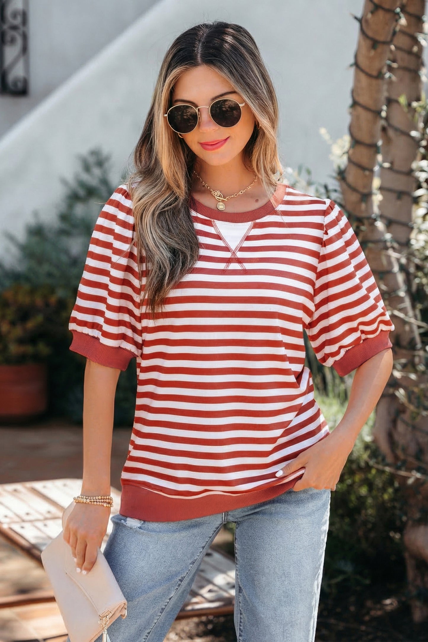 Orange Stripe Short Bubble Sleeve T Shirt-Tops/Tops & Tees-[Adult]-[Female]-Khaki Stripe-S-2022 Online Blue Zone Planet