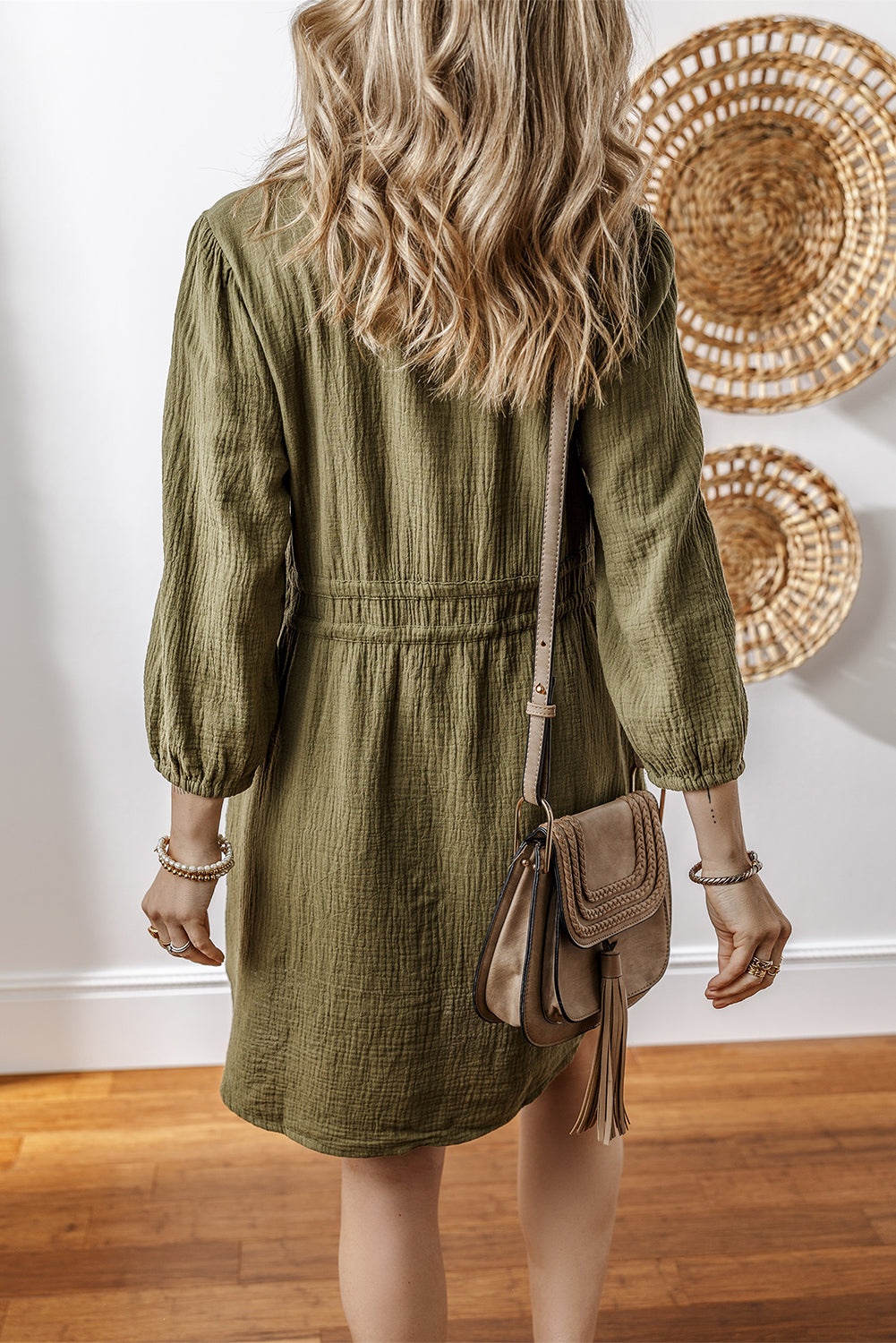 Jungle Green Textured Bracelet Sleeve Collared Button Up Dual Tied Mini Dress-Dresses/Mini Dresses-[Adult]-[Female]-2022 Online Blue Zone Planet