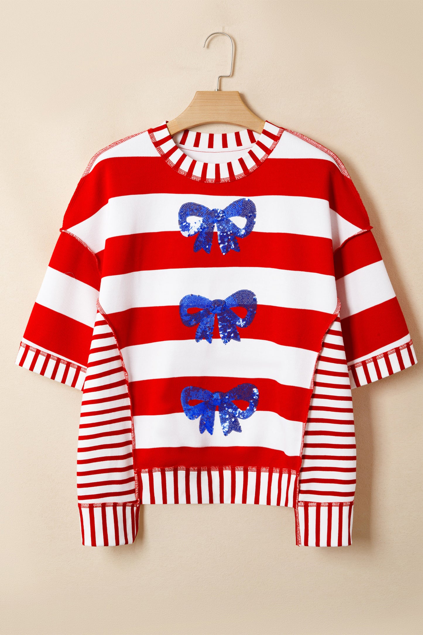 Red Stripe Sequin Bow Patriotic Half Sleeve Top-Tops/Tops & Tees-[Adult]-[Female]-2022 Online Blue Zone Planet