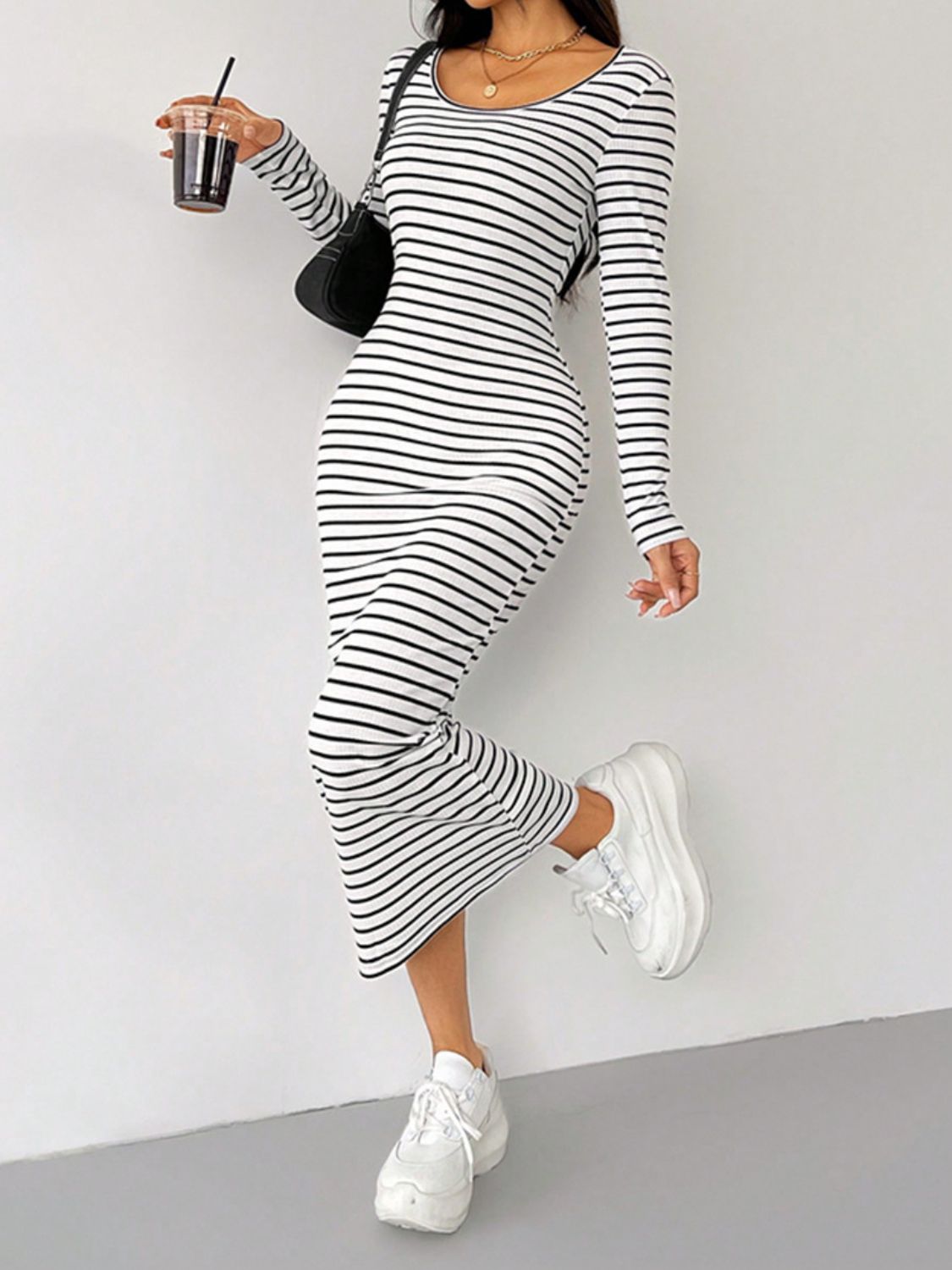 Blue Zone Planet | Striped Scoop Neck Long Sleeve Midi Tee Dress-TOPS / DRESSES-[Adult]-[Female]-2022 Online Blue Zone Planet