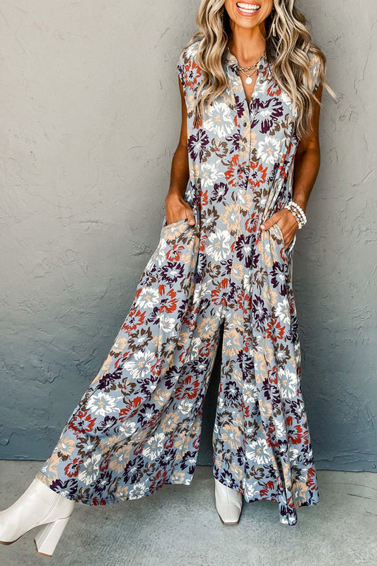 Sky Blue Floral Sleeveless Pocketed Wide Leg Jumpsuit-Jumpsuits-[Adult]-[Female]-Sky Blue-S-2022 Online Blue Zone Planet