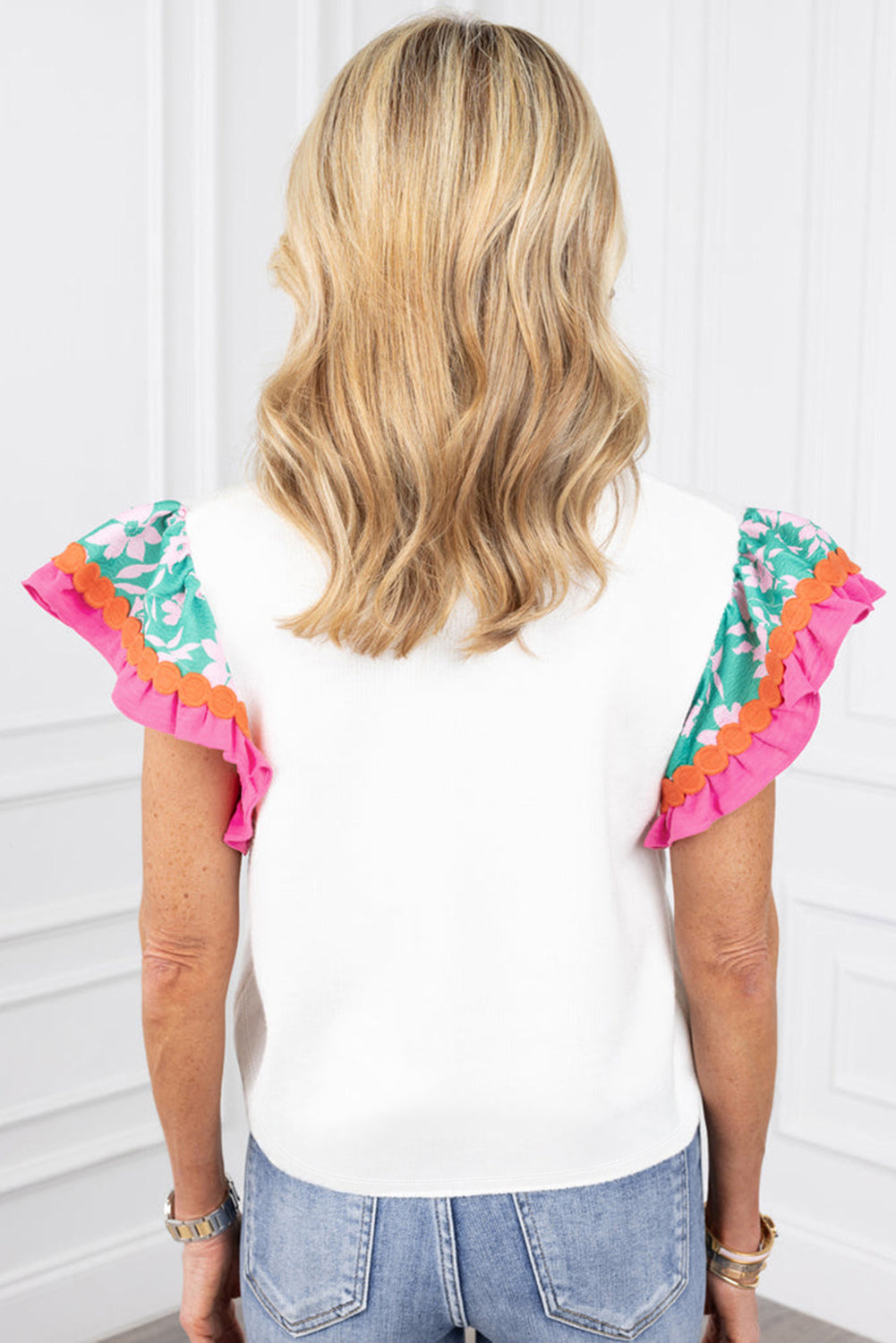 Peach Blossom Contrast Ricrac Floral Sleeve Top-Tops/Tops & Tees-[Adult]-[Female]-2022 Online Blue Zone Planet