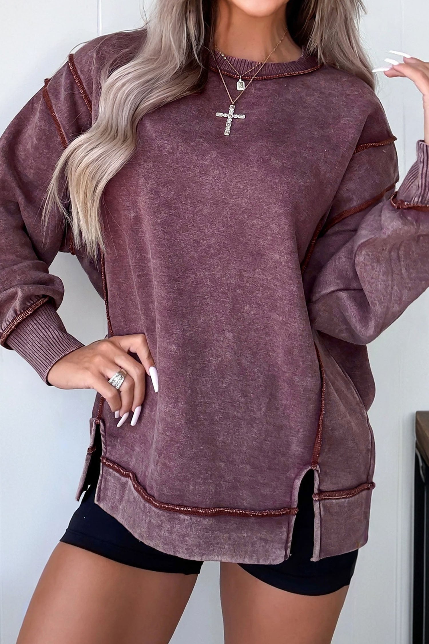 Red Sandalwood Mineral Wash Exposed Seam Side Slit Sweatshirt-Tops/Sweatshirts & Hoodies-[Adult]-[Female]-2022 Online Blue Zone Planet