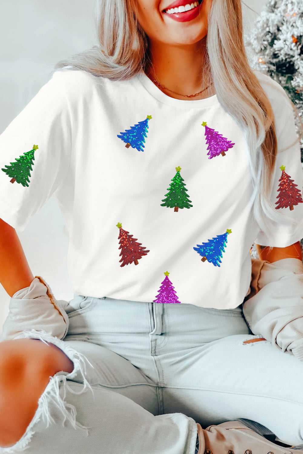 White Glitter Christmas Tree Pattern Cuffed Sleeve Christmas T Shirt-Graphic/Graphic Tees-[Adult]-[Female]-2022 Online Blue Zone Planet