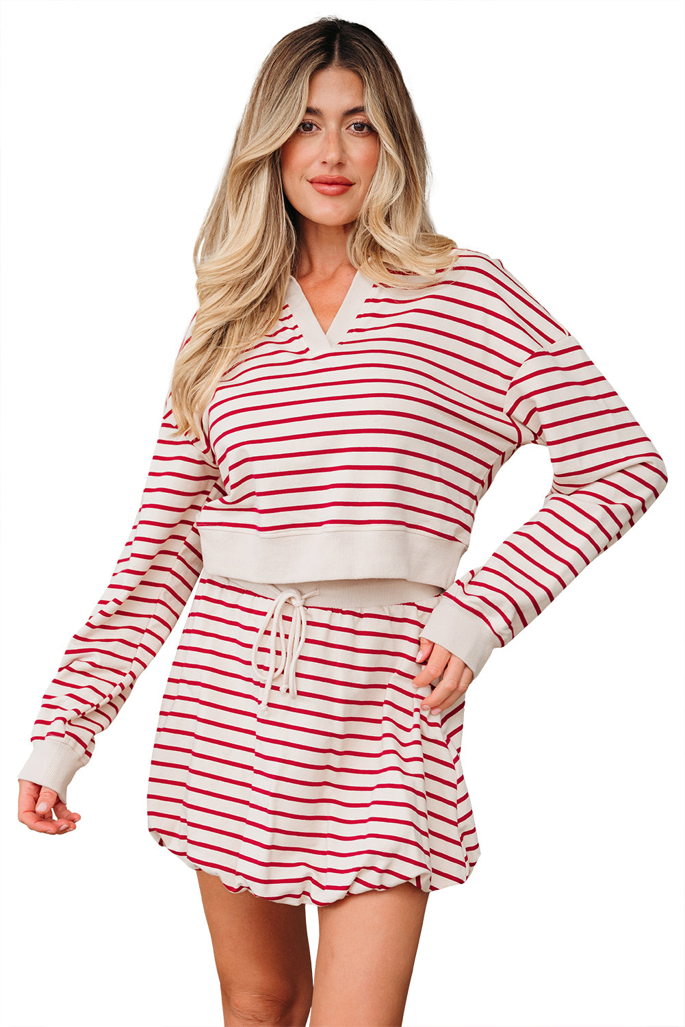 Red Stripe Cropped Collared Drop Shoulder Pullover And Bubble Mini Skirt Set-Two Piece Sets/Two Piece Dresses-[Adult]-[Female]-2022 Online Blue Zone Planet