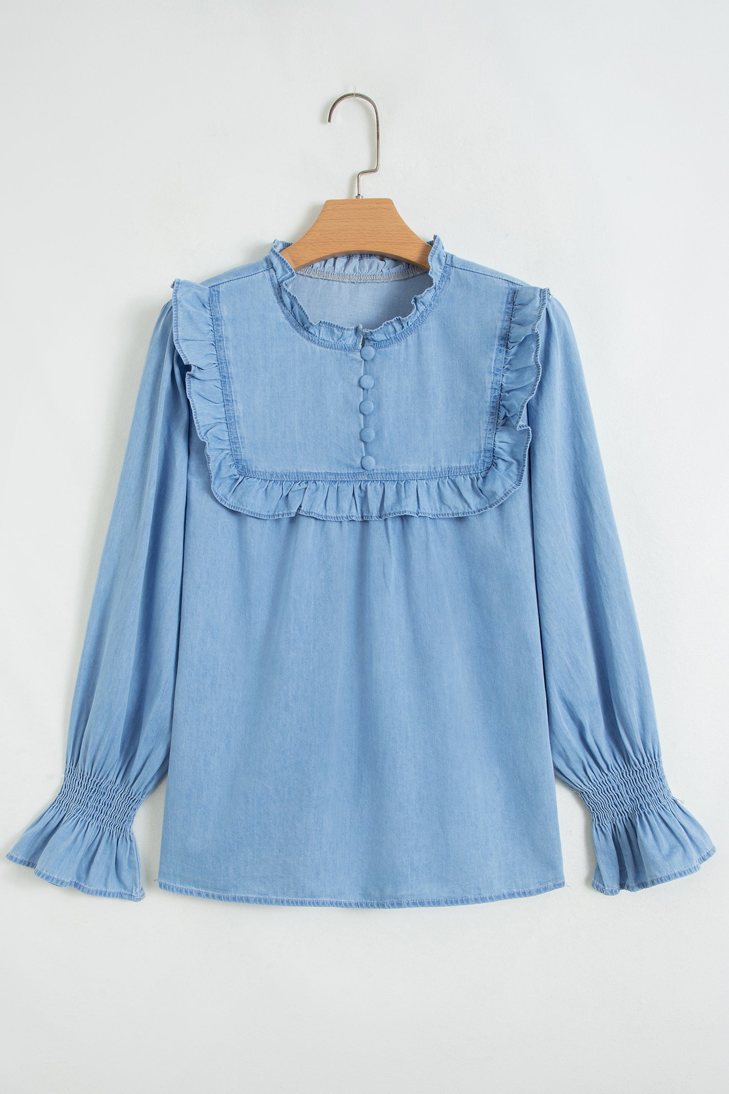 Beau Blue Western Ruffle V Neck Long Sleeve Chambray Blouse-Tops/Blouses & Shirts-[Adult]-[Female]-2022 Online Blue Zone Planet