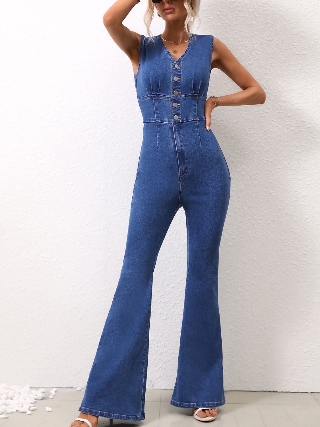 V-Neck Sleeveless Denim Jumpsuit-TOPS / DRESSES-[Adult]-[Female]-Dark-XS-2022 Online Blue Zone Planet