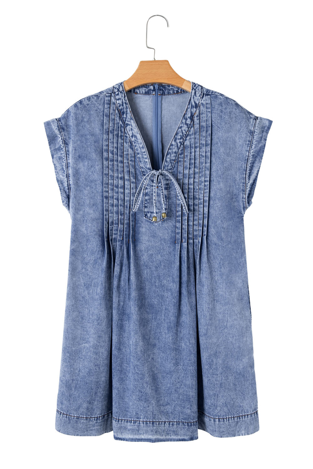 Beau Blue Tie V Neck Tucking Detail Short Sleeve Denim Shift Dress-TOPS / DRESSES-[Adult]-[Female]-2022 Online Blue Zone Planet