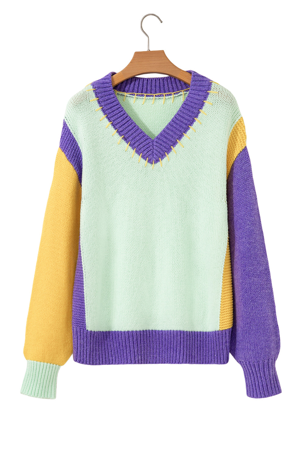 Green Stitched V Neck Color Block Knitted Drop Shoulder Sweater-TOPS / DRESSES-[Adult]-[Female]-2022 Online Blue Zone Planet