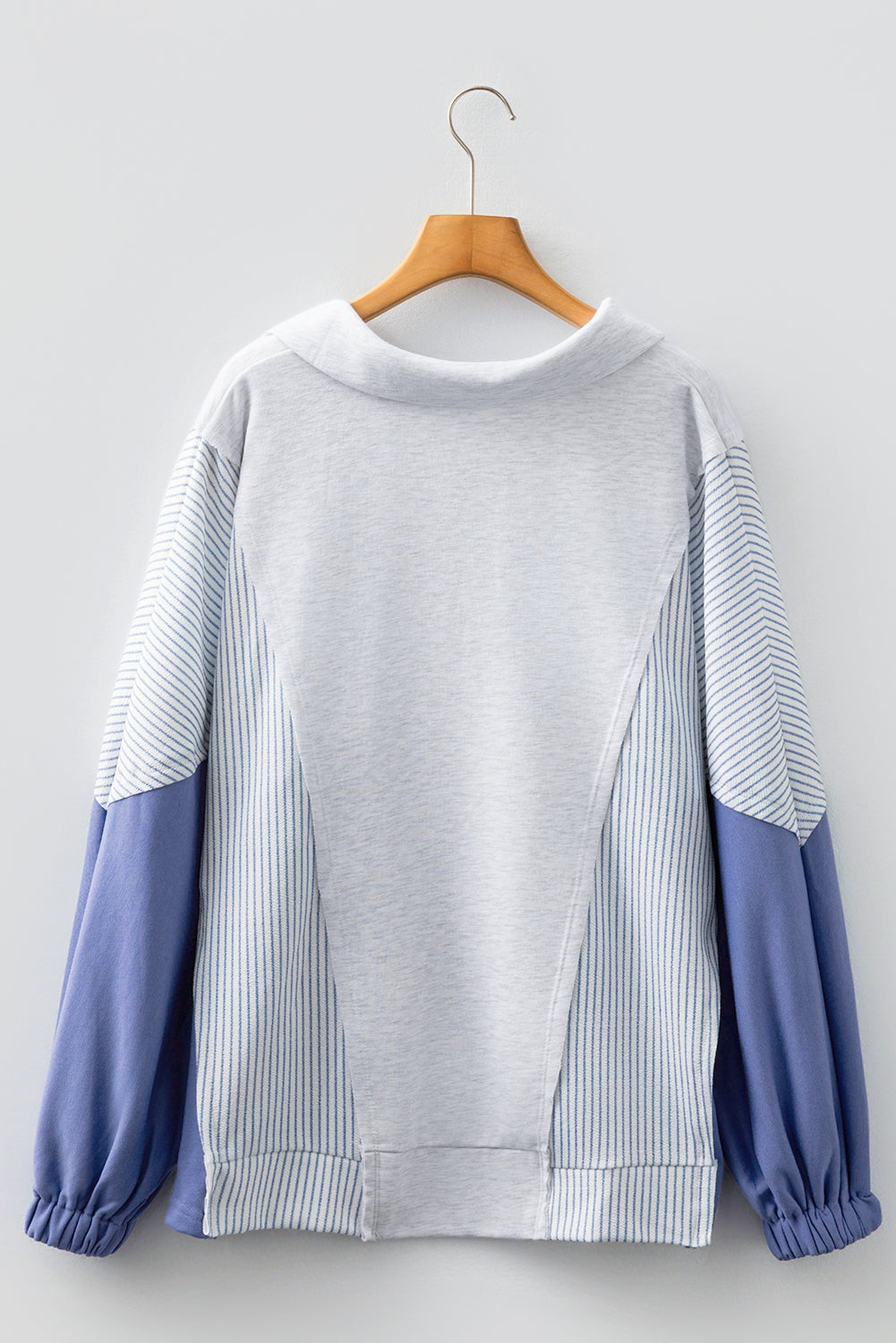 Light Grey Oversized Striped Colorblock Dolman Sleeve Collared Casual Top-Tops/Long Sleeve Tops-[Adult]-[Female]-2022 Online Blue Zone Planet